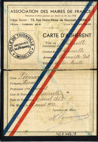 Carte d'adhérent de l'Association des maires de France (1933)