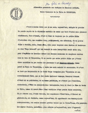 Allocution prononcée aux obsèques de M. Léonard par Sylvie de Selancy (1965)