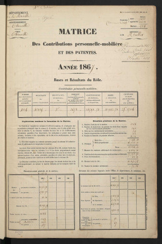 Matrice des contributions personnelle, mobilière et des patentes (1867)