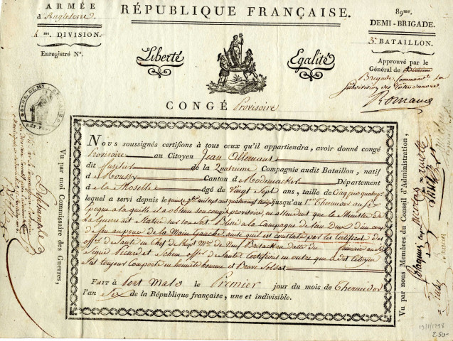 Congé provisoire donné au citoyen Jean Allemant, natif de Roussy, fusilier de la 4ème compagnie du 3ème bataillon de la 89e demi-brigade.