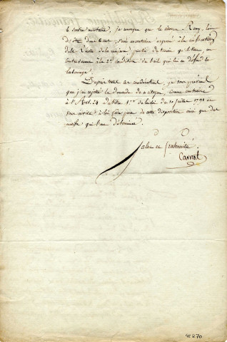 Lettre du ministre de la Guerre, Lazare Carnot, au directeur des fortifications de Metz concernant l'avis de rejet de la demande en indemnité formée par le citoyen Dominique Rémy, adjudicataire du 19e lot des terrains dépendant des fortifications de la place de Metz, papier, manuscrit, encre, 6 prairial an 8 (26 mai 1800).