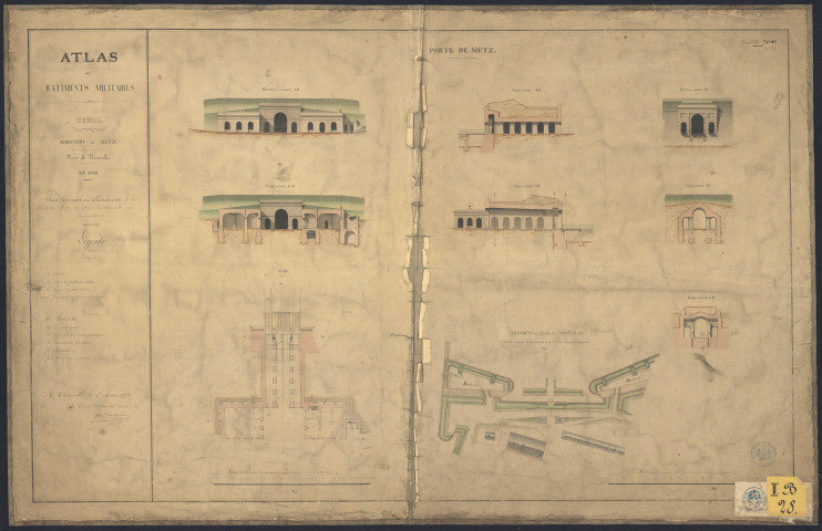 « ATLAS DES BATIMENTS MILITAIRES. GENIE. DIRECTION DE METZ. PLACE DE THIONVILLE. AN 1849. PLAN, COUPES, PROFILS ET ELEVATIONS DE LA PORTE DE METZ ET DES BATIMENTS ADJACENTS. FEUILLE N°31 » Légende