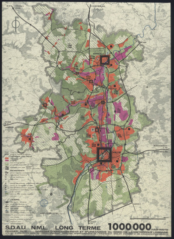 « SCHEMA D'AMENAGEMENT ET D'URBANISME DU NORD DE LA METROPOLE DE LORRAINE ».- Modifié en 1973, approuvé par décret interministériel du 11.1.1974.- Légende. Long terme pour 1 000 000 habitants.Thionville, Metz, Briey, Fensch, Orne.