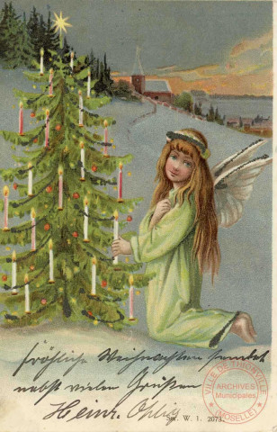 [Carte de Noël, un ange devant un sapin de Noël]