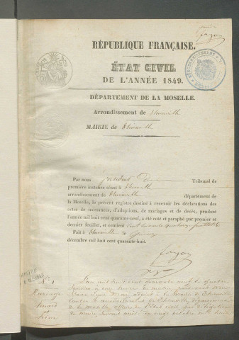 État civil : registre de naissances, mariages, décès (1849)