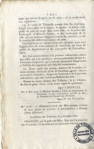 Ordonnance du Roi portant règlement sur l'exercice de la profession de boulanger à Thionville