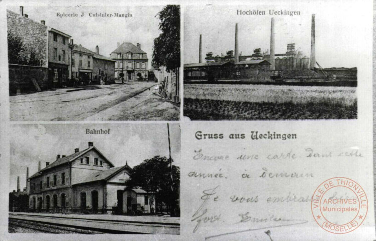 Gruss aus Ueckingen - Epicerie J. Cuisinier-Mangin - Hochöfen Ueckingen - Bahnhof