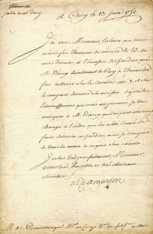 Lettre de Louis Cormontaigne à Mr. d'Argenson concernant Mr Daruy, lieutenant du roi, qui cultive un jardin sur le cavalier et sur le rempart derrière sa maison alors qu'on lui a demandé de les détruire.