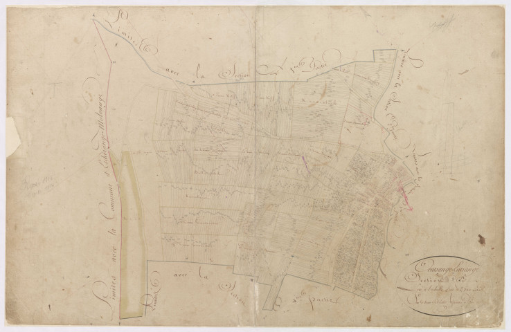 Départmenent de la Moselle Arrondissement communal de Thionville Canton de Cattenom Tableau d'assemblage de la Commune de d'Oeutrange-Entrange / levé par Edouard Jaunez géomètre en chef, Delatte géomètre 1ère classe.