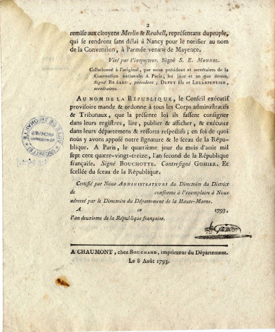 Décret de la Convention nationale du 4 août 1793 portant que la garnison qui était à Mayence a bien mérité de la Patrie