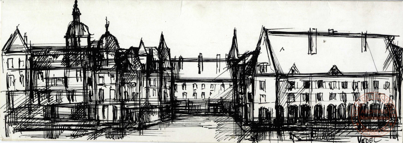 Dessin de Thionville en noir et blanc (encre de chine), représentant l'Hôtel St-Hubert et l'Hôtel de Ville, signé par Vedel.