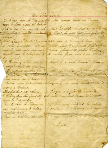 Lettre de Paul Coutier à sa femme qui, par une astuce de pliure, exprime son opinion sur la guerre, papier, manuscrit, encre, [1915].