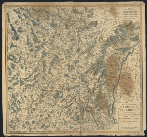 CARTE DE LA LORRAINE OU L'ON A DISTINGUES LE PAYS MESSIN, LE VERDUNOIS ET LE TOULOIS ; LE BARROIS ET L'ALSACE