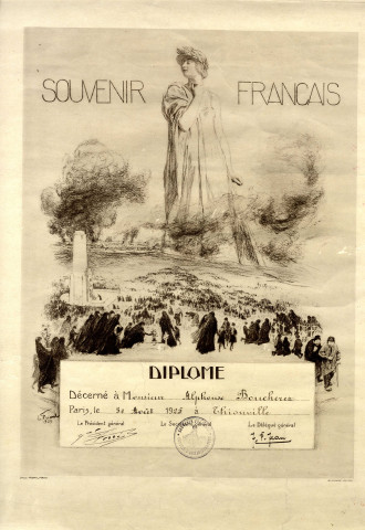 [Diplôme du Souvenir Français décerné à Monsieur Alphonse Boucherez. Paris, le 31 août 1925 à Thionville.]