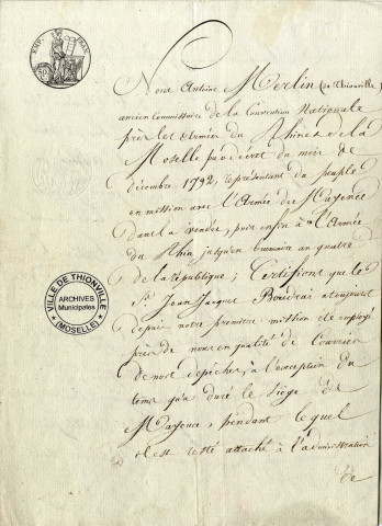 Attestation de Merlin de Thionville concernant Jean Jacques Boudray (1808)