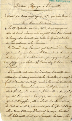 [Extrait de cinq ans après de Jules Claretie notamment du passage de Victor Hugo à Thionville].