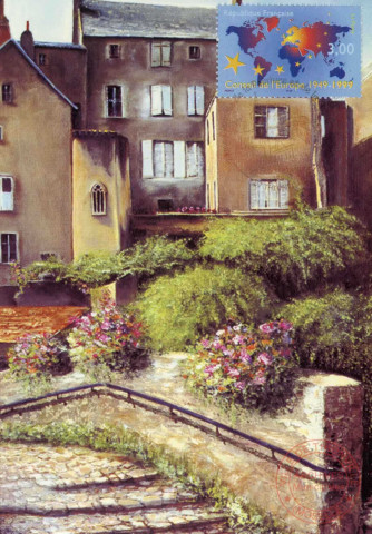 Seconde Biennale de la Peinture et de la Carte Postale au pays des Trois Frontières - Peinture de Marie-Aline Becker représentant la rue du Moulin à Sierck-les-Bains.