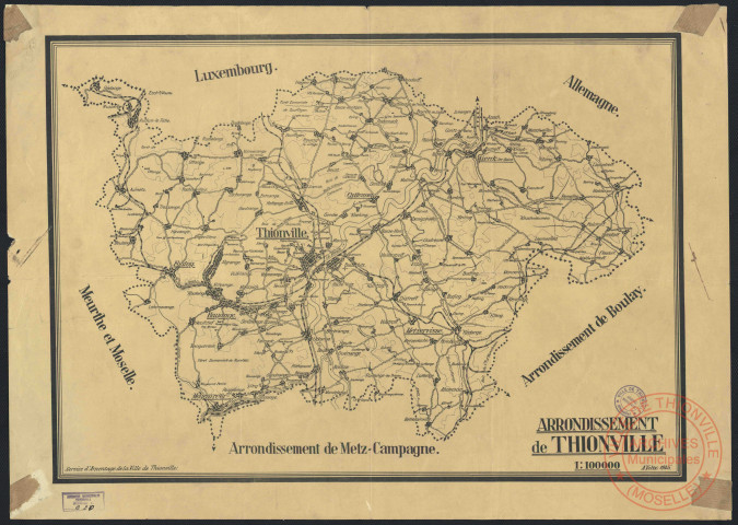 « ARRONDISSEMENT DE THIONVILLE ».- Reproduction d'une carte réalisée en 1945 par A. Veltz. - Thionville, Sierck, Metzervisse, Moyeuvre-Grande, Rédange.