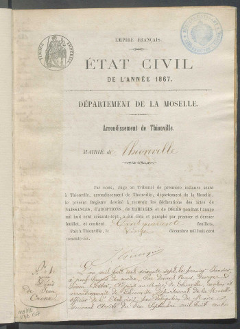 État civil : registre de naissances, mariages et décès (1867)