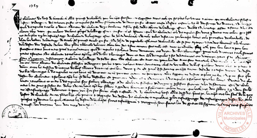 [1359, 20 mai. Accord sur un héritage, par-devant le prévôt de Thionville, Thieleman dit Voix de Bettemberg entre Thieleman Fillaistre, fils du justicier de Cattenom, et Nicolas, fils de Heyneman de Sancey (Sentzigh)]