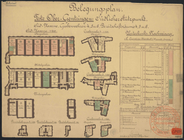 BELEGUNGSPLAN. FESTE OBER-GENTRINGEN : SÜDLICHERSTÜTZPUNKT. SÜD-KASERNE, GRABENWEHREN 4,5 u. 6, BEREITSCHAFTSRAÜME 4,5 u. 6.