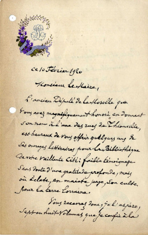 Correspondance de Stephen Liégeard adressée au maire de Thionville concernant l'attribution d'une rue, 10 février 1920