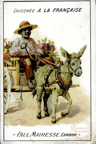 Charretier au chapeau paille avec sa charrette et son âne.