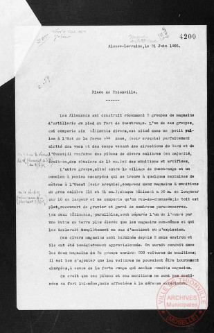 Exposition sur les fortifications à Thionville en 1970 par Georges Martig - Courrier dénonçant les armes et équipements allemands à proximité du fort de Guentrange en 1905