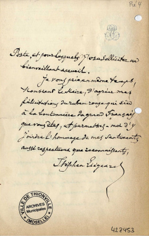 Correspondance de Stephen Liégeard adressée au maire de Thionville concernant l'attribution d'une rue, 10 février 1920