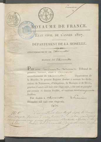 État civil : registre de naissances, mariages, décès (1827)