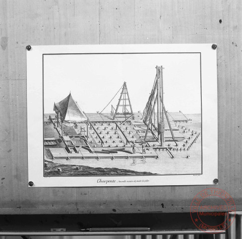 Exposition sur les fortifications à Thionville en 1970 par Georges Martig - Gravure : Charpente, nouvelle manière de fonder les piles