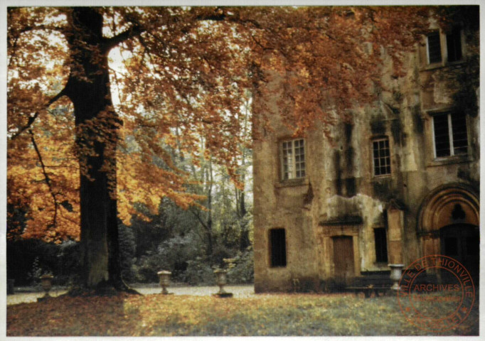 Vieux Château de Volkrange - monument historique du XIIIe siècle - Façade Est et porte d'accès a la chapelle surmontée d'un arc en plein cintre et tympan percé d'un trilobe