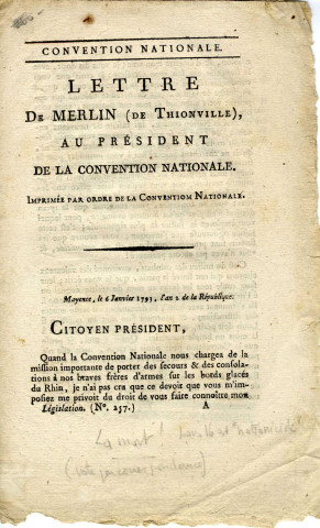 Lettre imprimé de Merlin de Thionville au Président de la Convention Nationale concernant la condamnation à mort du tyran.