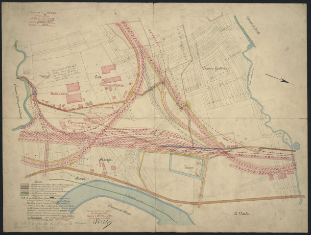 [NOUVEAUX TRACÉS DU CHEMIN DU LEIDT ET DU CHEMIN DE GASSION].- Légende. Tracé des voies ferrées. - Moulin à scories, cimenterie d'Ebange, Gassion, Leidt.