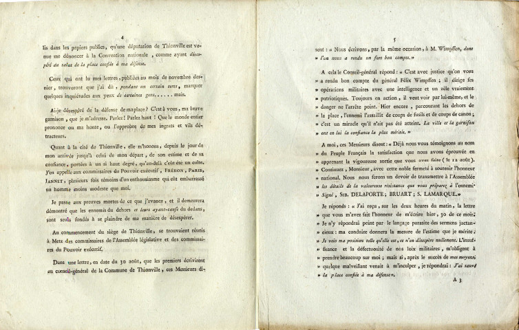 Imprimé intitulé 'Lettre du général Félix Wimpffen, au ministre Pache', papier, 6 f°, impr. à Caen chez G. Le Roy, 1793.dim. 24,5 x 19 cm.