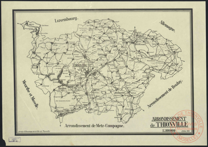 « ARRONDISSEMENT DE THIONVILLE ».- Reproduction d'une carte réalisée en 1945 par A. Veltz. - Thionville, Sierck, Metzervisse, Moyeuvre-Grande, Rédange.