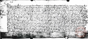 [1440, lundi avant la Purification de Marie (30 janvier 1441 n.s.). Deux échevins de Thionville attestent que Jean fils de feu sire Jean de Bettembourg, et Marguerite d'Arlon ont laissé à bail héréditaire à Manginot de Metz le tanneur, bourgeois de Thionville, et Else Schillinck un jardin (moisegarden) dans le fossé entre la Moselle et le jardin des Augustins en dehors de la barrière (boussen dez grendels) pour un cens de 4 chapons gras]