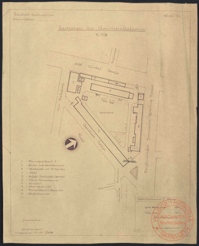 « STANDORT DIEDENHOFEN. LAGERPLAN DER ARTILLERIE KASERNE.».- Josef Bürckel Strasse, Am Messplatz, Artillerie Strasse, Reichsmarshall Hermann Goering Strasse
