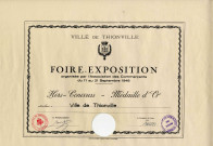 Diplôme attribué à la Ville de Thionville lors de la Foire Exposition organisée par l'Association des Commerçants du 11 au 22 septembre 1948