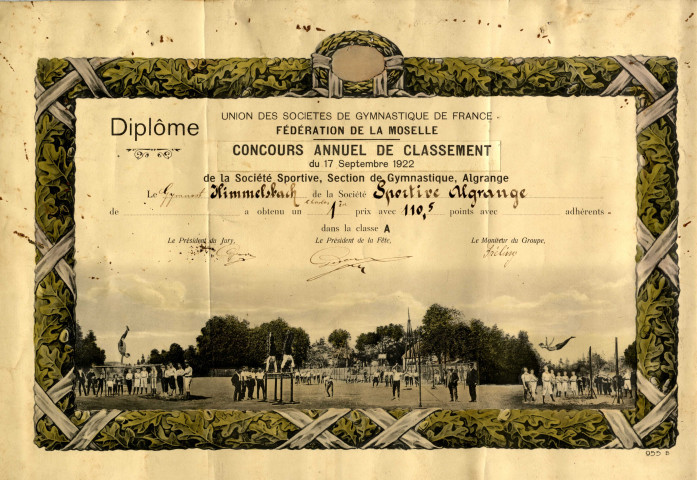 Diplôme de l'Union des sociétés de gymnastique de France. Fédération de la Moselle. Concours annuel de classement du 17 septembre 1922 de la Société sportive, section de gymnastique, Algrange. Le gymnaste Himmelbach de la Société sportive de Algrange a obtenu un 1er prix avec 110,5 points