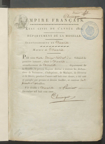 État civil : registre de naissances, mariages, décès (1812)