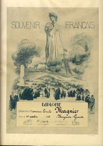 [Diplôme décerné par le Souvenir Français à Monsieur Emile Magnier à Moyeuvre-Grande en 1935]