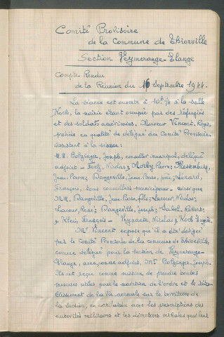 Registre de délibérations du comité provisoire (16 septembre 1944 - 10 mars 1945)