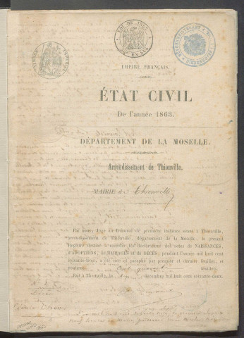 État civil : registre de naissances, mariages et décès (1863)