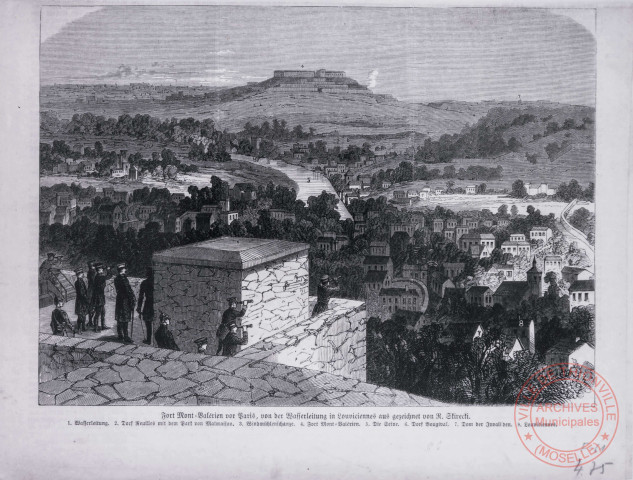 Fort Mont : Valérien vor Paris, von der Wasserleitung in Louveciennes aus gezeichnet von R. Stirecti (Fort du Mont Valérien devant Paris, depuis l'aqueduc de Louveciennes, dessiné par R. Stirecti)