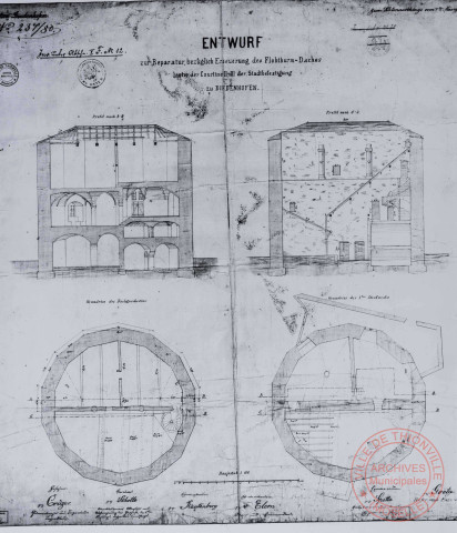 [Plan et profil concernant la réparation du toit du musée de la Tour aux Puce]