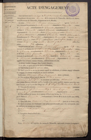 RECRUTEMENT DE L'ARMEE.- Enrôlement volontaire : registre d'actes d'engagement nominatifs et signalétiques (1837-1843)