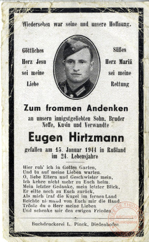 [Avis mortuaire de M. HIRTZMANN Eugen, gefallen am 15. Januar 1944 in Russland and im 24. Lebensjahre]