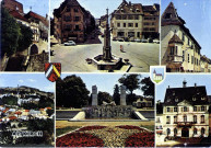 Altkirch. Ancienne porte, la place et ancienne fontaine, oriel et vieille demeure, vue vers l'église, l'hôtel de ville