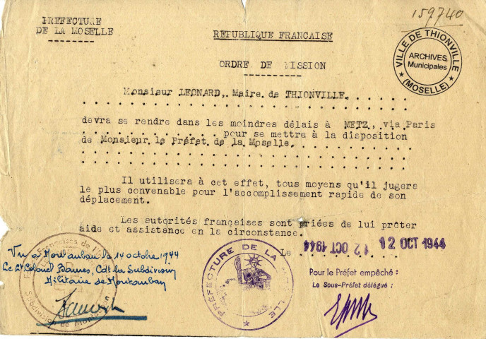 Ordre de mission (12 octobre 1944)